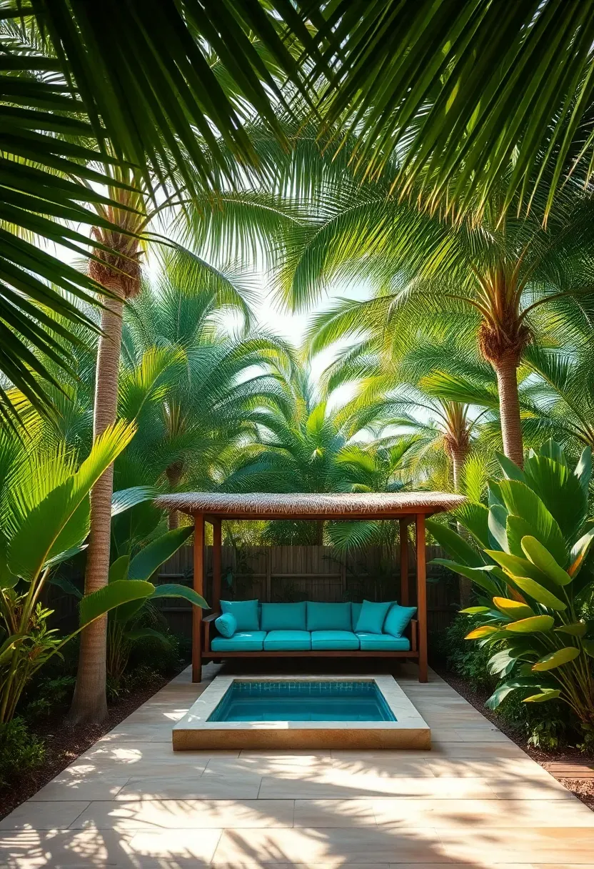 Lush tropical patio with large palm trees, bird of paradise plants, a thatched roof cabana, turquoise cushions, and a natural stone plunge pool