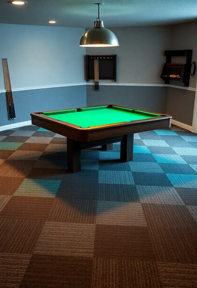 Colorful carpet tiles arranged in a checkerboard pattern on a basement floor in a finished rec room with a pool table