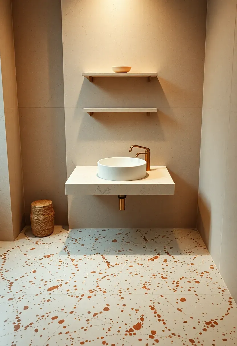 terrazzo bathroom floor and wall accents in warm speckled tones