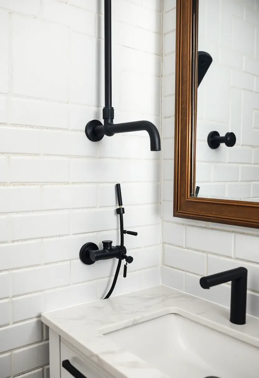 Matte black faucet and towel bar against crisp white subway tile wall — modern black and white bathroom fixtures
