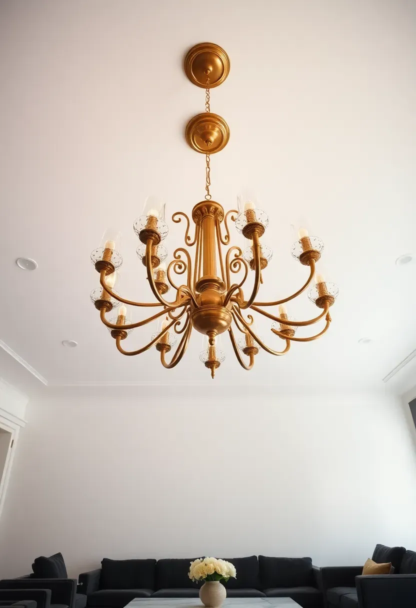 Hyper-realistic upward view of elegant living room with statement chandelier. Materials: oversized brass chandelier with 12 arms and glass shades, 4 feet diameter, white ceiling, charcoal sofa and marble table visible below. Fixture as sculptural ceiling element. Warm ambient glow from chandelier creating inviting atmosphere. Minimal other ceiling decoration.</p>