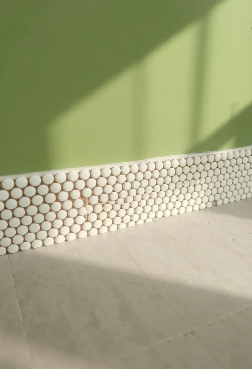 Strip of white penny round tile used as a decorative baseboard in a bathroom with large gray floor tiles and green painted walls