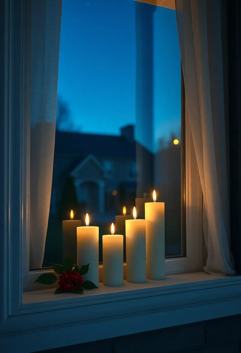 Hyper-realistic exterior dusk shot of living room window with three LED pillar candles (4 5 and 6 inches) on white painted sill, warm white candlelight glow visible through glass, small sprig of holly with red berries placed beside each candle, sheer white curtains pulled slightly back to reveal candles from street. Window trim white, house facade gray brick, dark blue twilight sky with first stars appearing. Materials: LED candles plastic wax, fresh holly, painted wood, sheer cotton fabric. Warm candlelight (2700K) contrasted with cool twilight (6000K), welcoming neighborhood mood, shallow depth of field window details, composition showing candles as beacon. No text logos watermarks.</p>