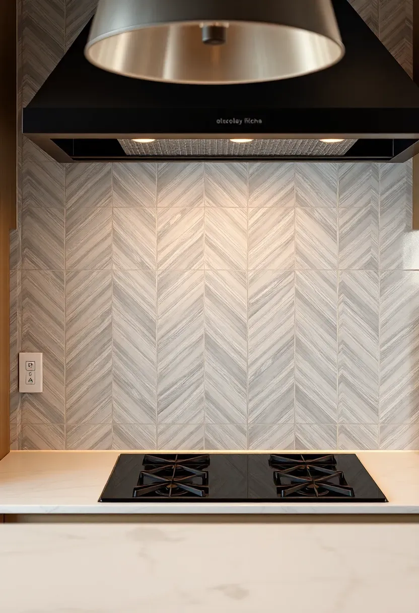 chevron pattern porcelain tile backsplash in pale gray tones in a transitional kitchen