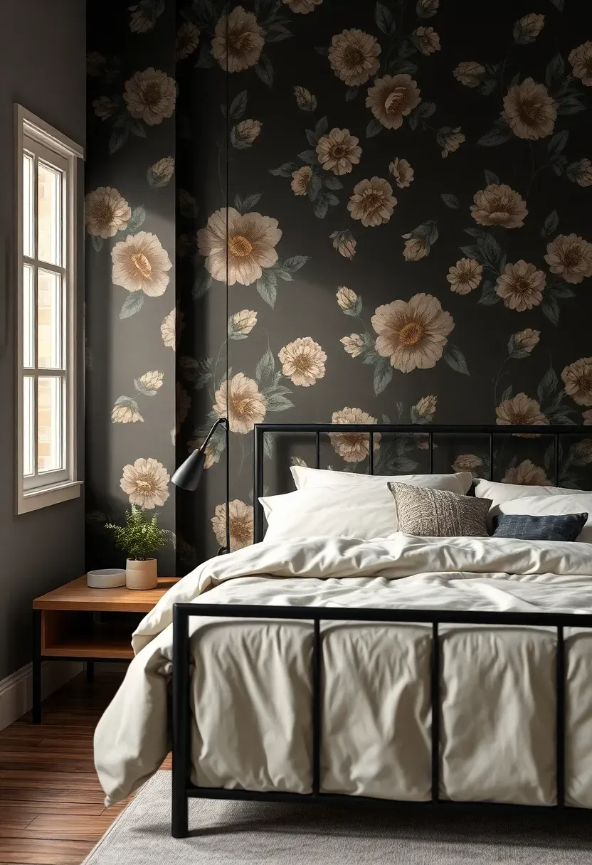 Dark floral mural with clean modern bedding
