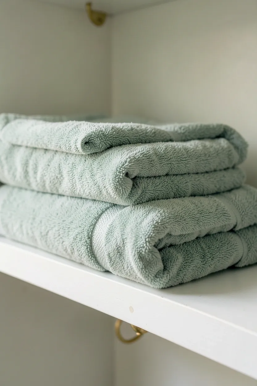 Plush sage green bath towel set rolled and displayed on a wooden shelf in a white rental bathroom for a spa-like calming aesthetic