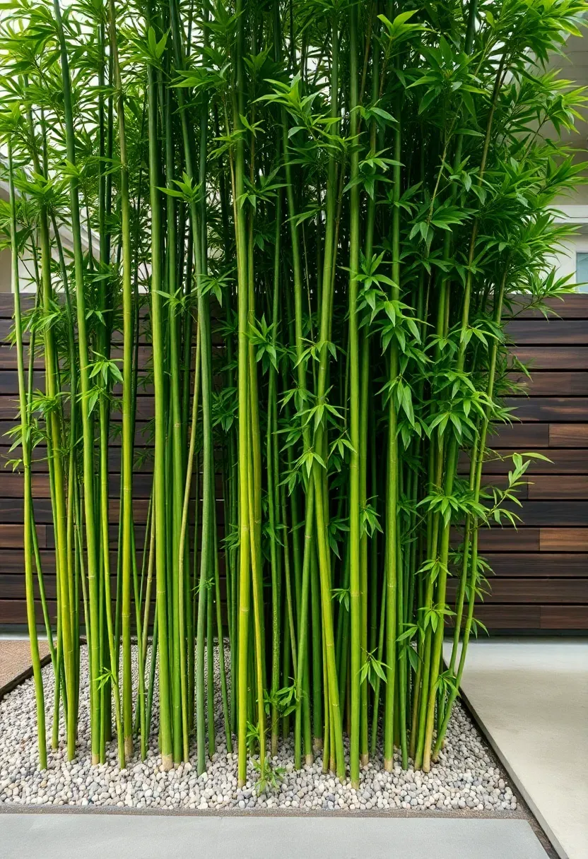 Tall clumping bamboo screen forming a dense green privacy wall between two modern residential properties with clean gravel border at the base