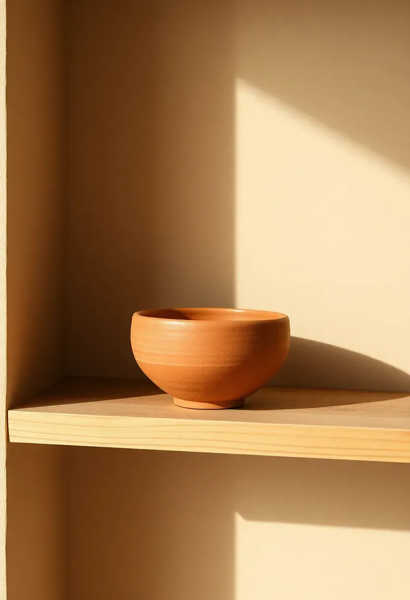 Hand-thrown ceramic bowl with earthy glaze as artisan accent on a minimalist surface in a boho living room