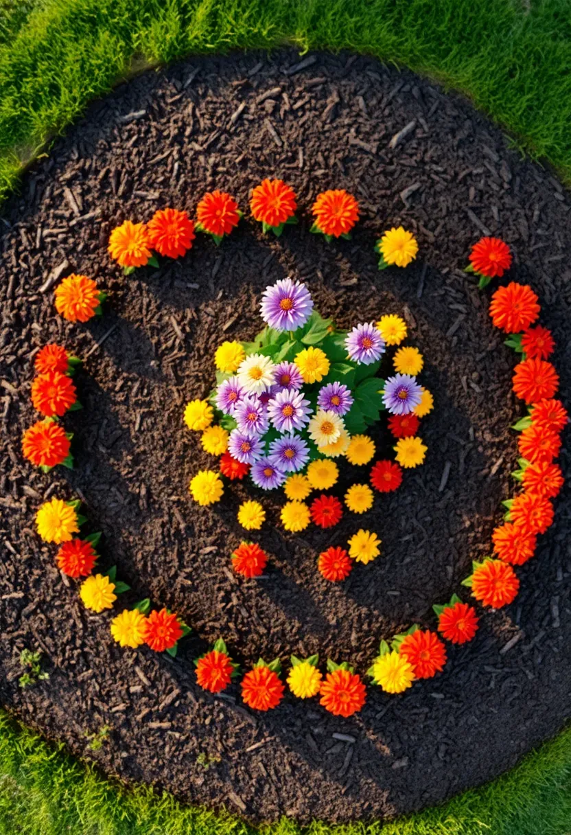 An aerial view of a spiral-shaped flower bed in a backyard with concentric rings of colorful flowers increasing in height toward the center