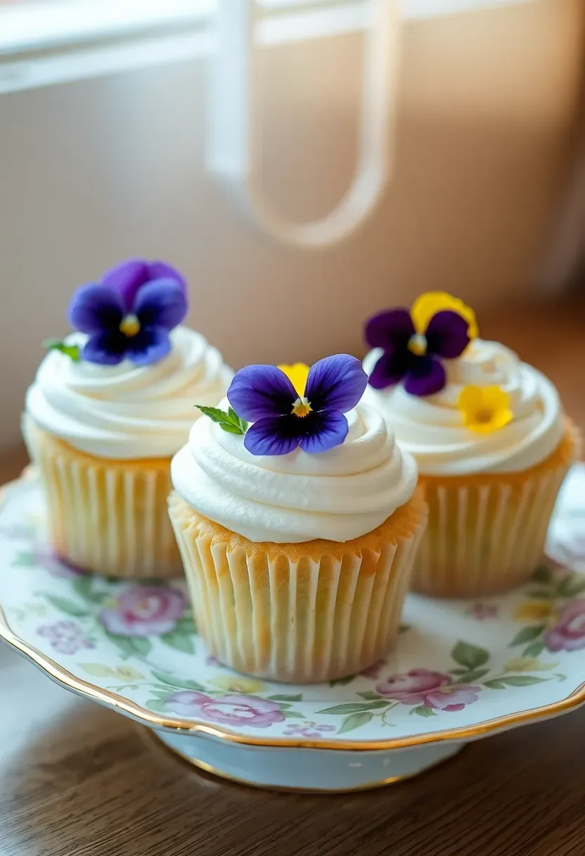 cupcakes decorated with edible pressed flowers and delicate green frosting leaves on a vintage floral china plate