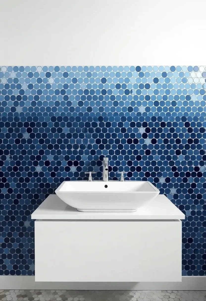 Creative bathroom backsplash of penny round tiles arranged in an ombre gradient from deep navy at the bottom to white at the top behind a modern vanity