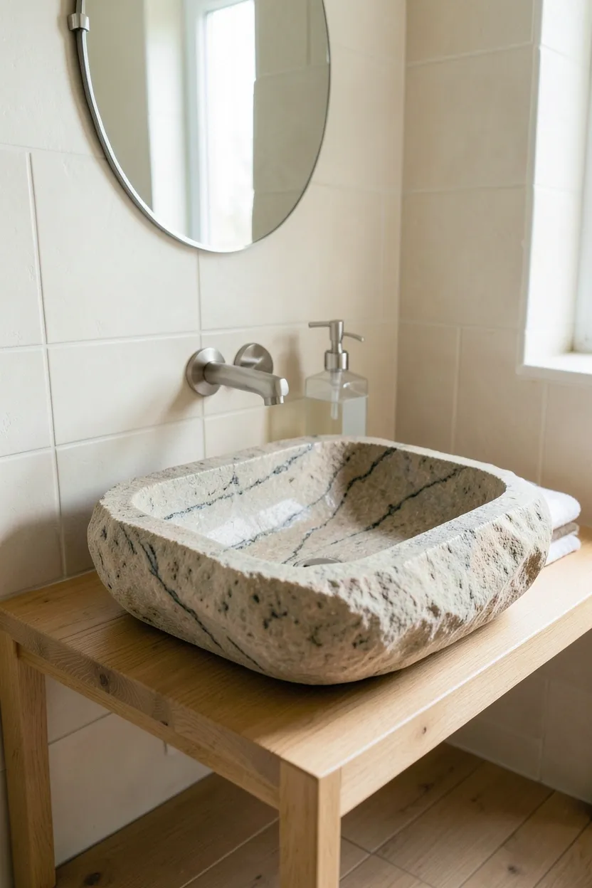 Hyper-realistic eye-level photograph of river stone sink in zen bathroom. Sink is basin carved from single large river stone, smooth exterior with rough natural interior. Stone features neutral grey and beige tones with darker mineral veins. Mounted on light wood vanity top. Sleek brushed nickel faucet. Walls in pale cream ceramic tiles. Small round mirror above. Single glass soap dispenser beside sink. Floor in light wood planks. Soft natural daylight. Materials: river stone, oak wood, brushed nickel. Organic natural mood. Focus on stone texture and details. No text, no logos, no watermarks.</p>
