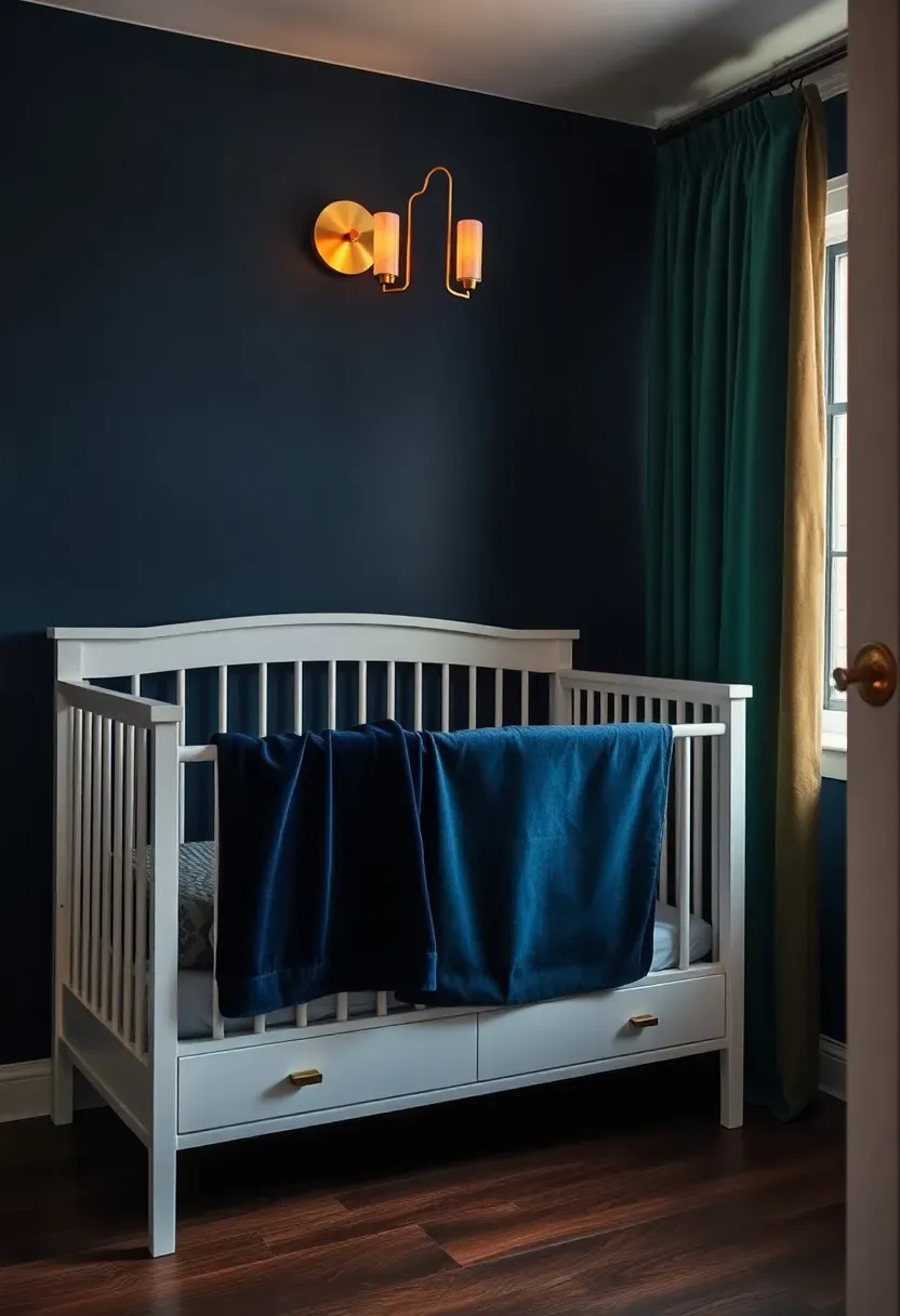 dark moody boy nursery with deep blue walls gold accents velvet curtains and modern crib