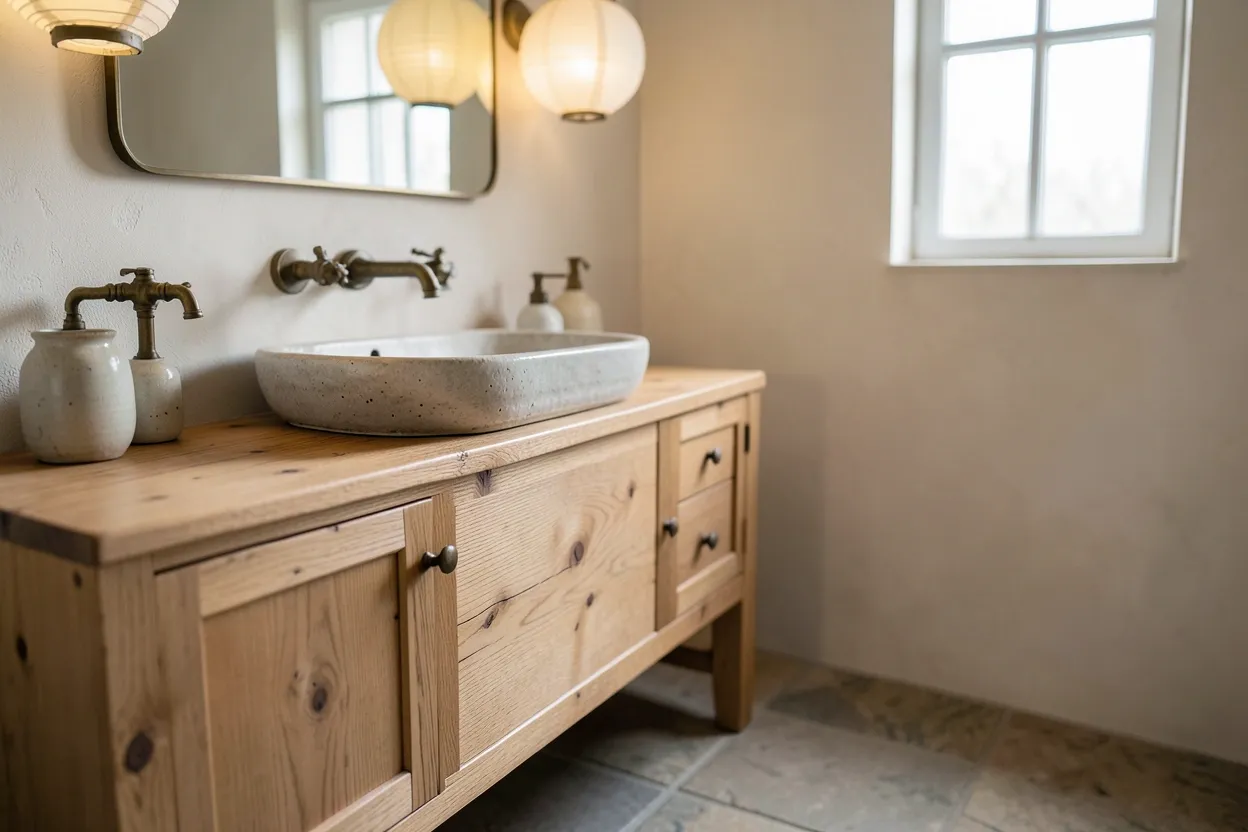 Wabi-sabi bathroom with natural wood vanity, stone floor, aged brass fixtures, and earthy neutral tones creating a calm organic sanctuary