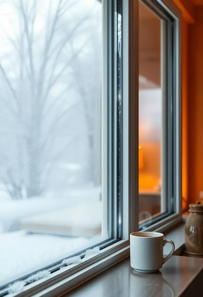 Double-glazed low-E window panels in an enclosed sunroom reducing heat loss and glare on a cold winter day