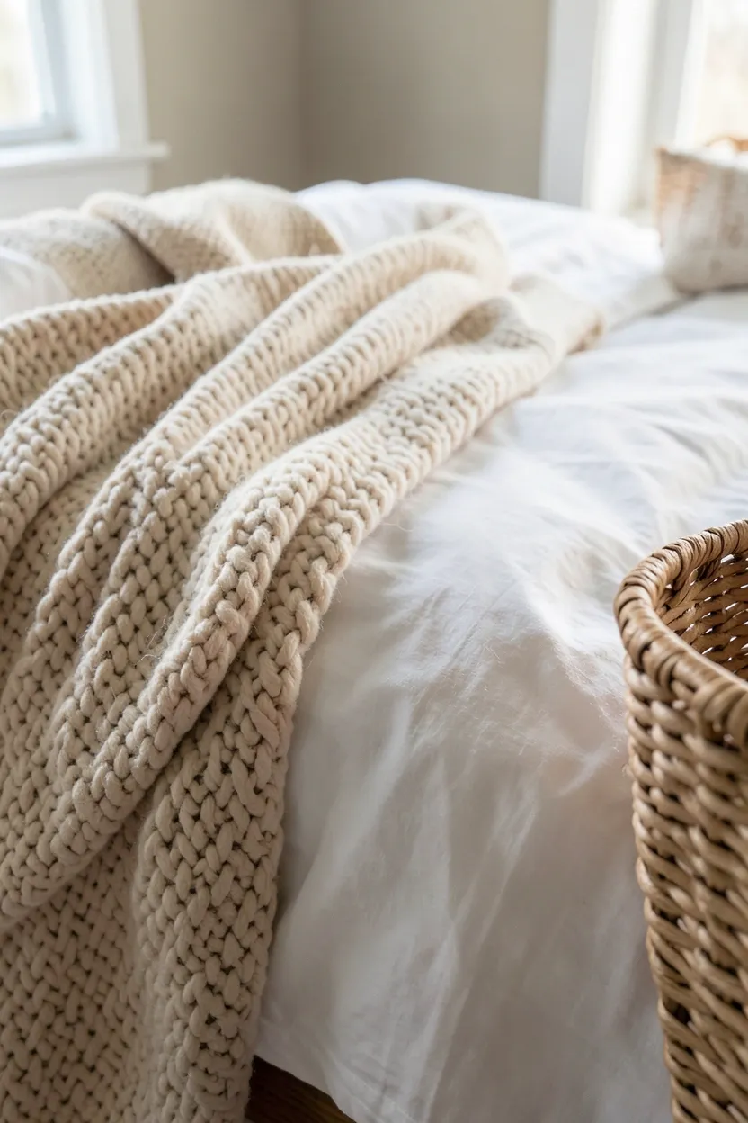 Layered linen bedding, jute rug, and woven rattan accents in a tropical Japandi bedroom