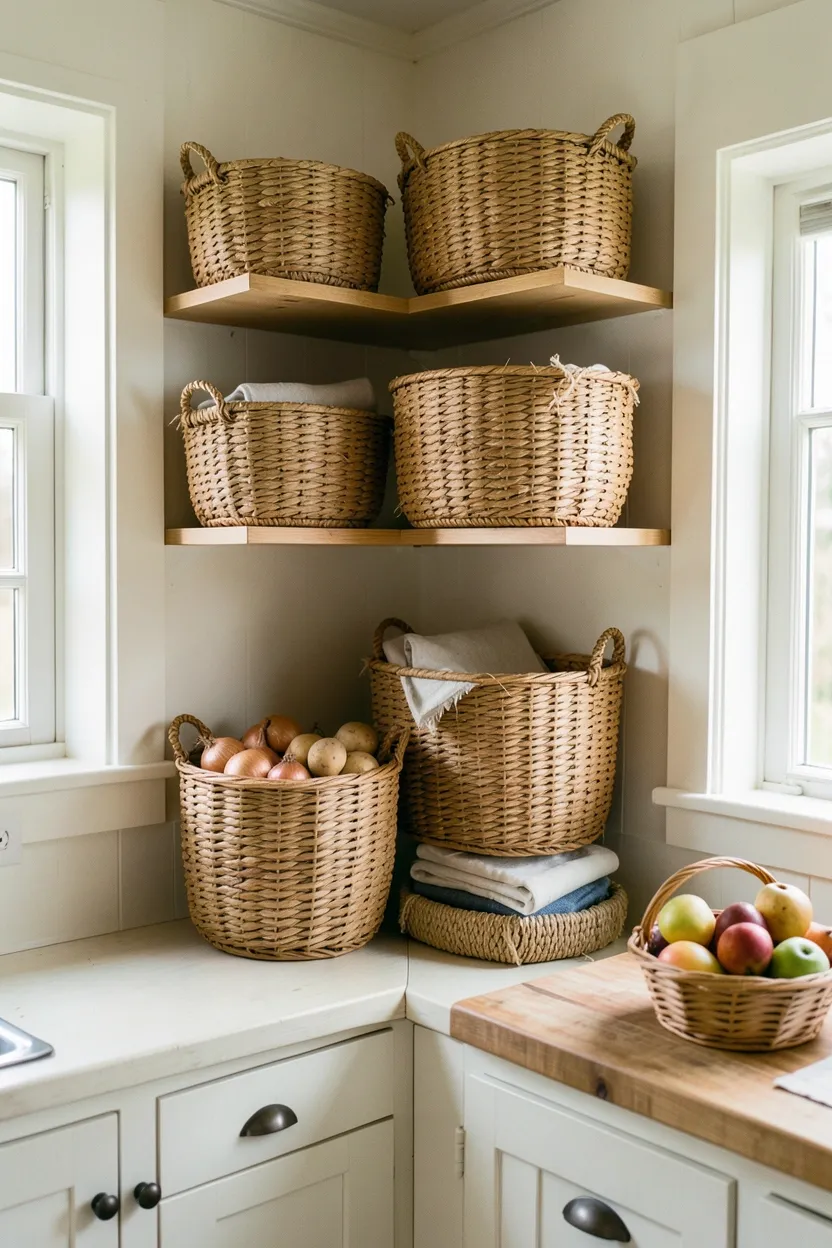 Hyper-realistic 3/4 view of woven baskets in a cottage kitchen. Natural seagrass baskets with visible weave texture and slight color variation stacked on open wooden shelves. Baskets in various sizes holding onions, potatoes, kitchen linens, and miscellaneous items. White shaker cabinets surrounding shelves, creamy white walls. Warm natural light from windows highlighting basket texture. Small basket on butcher block counter holding fresh fruit. Materials: natural seagrass, rattan, painted wood. Organic textural cottage mood. Visible kitchen context - all shelves showing basket storage, counter with fruit basket. Slight fraying on basket edges showing use, natural wear patterns. No text, no logos, no watermarks.</p>