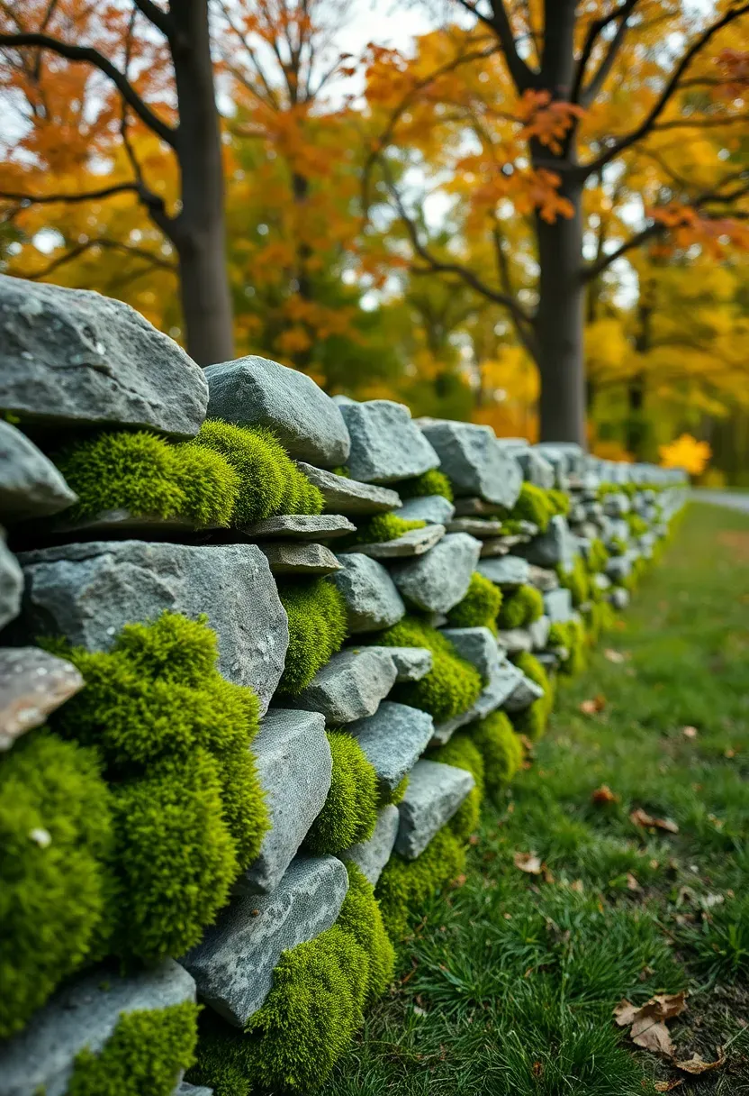 Dry-stacked fieldstone wall fence along a New England property line with moss growing between the stones and maple trees behind