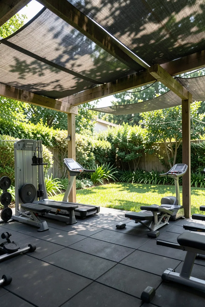 Outdoor home gym on a covered patio with weather-resistant rubber flooring, a pull-up bar, and kettlebells surrounded by greenery