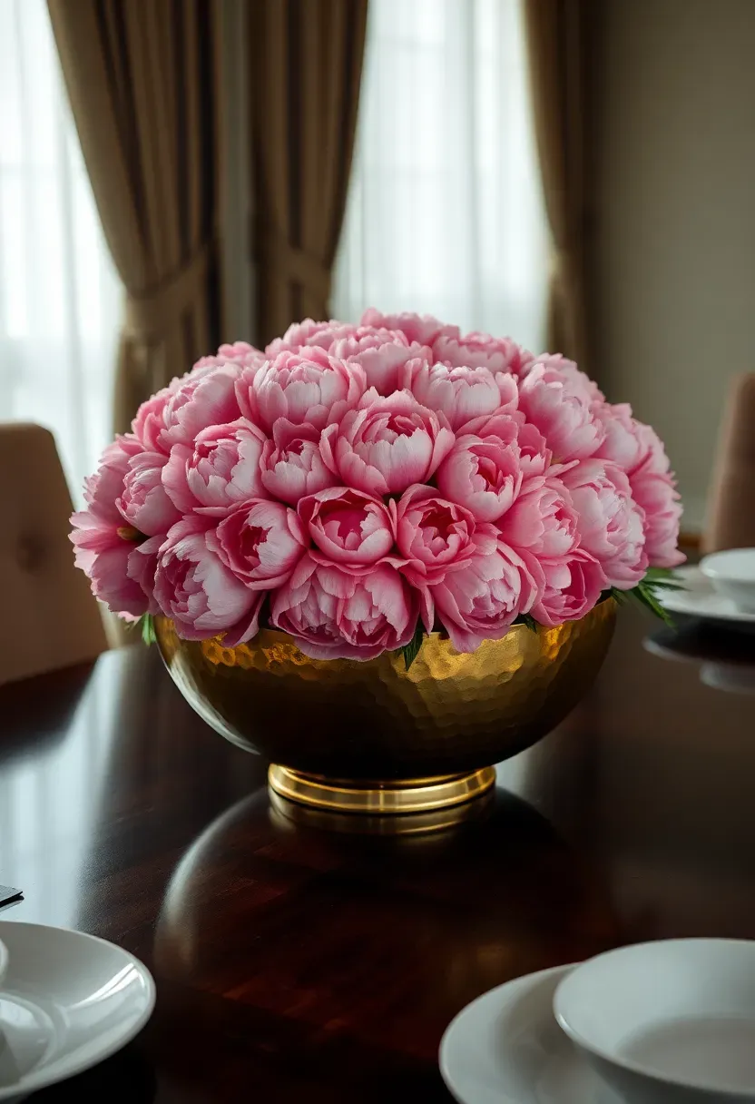 low bowl filled with pink peonies spring dining table centerpiece