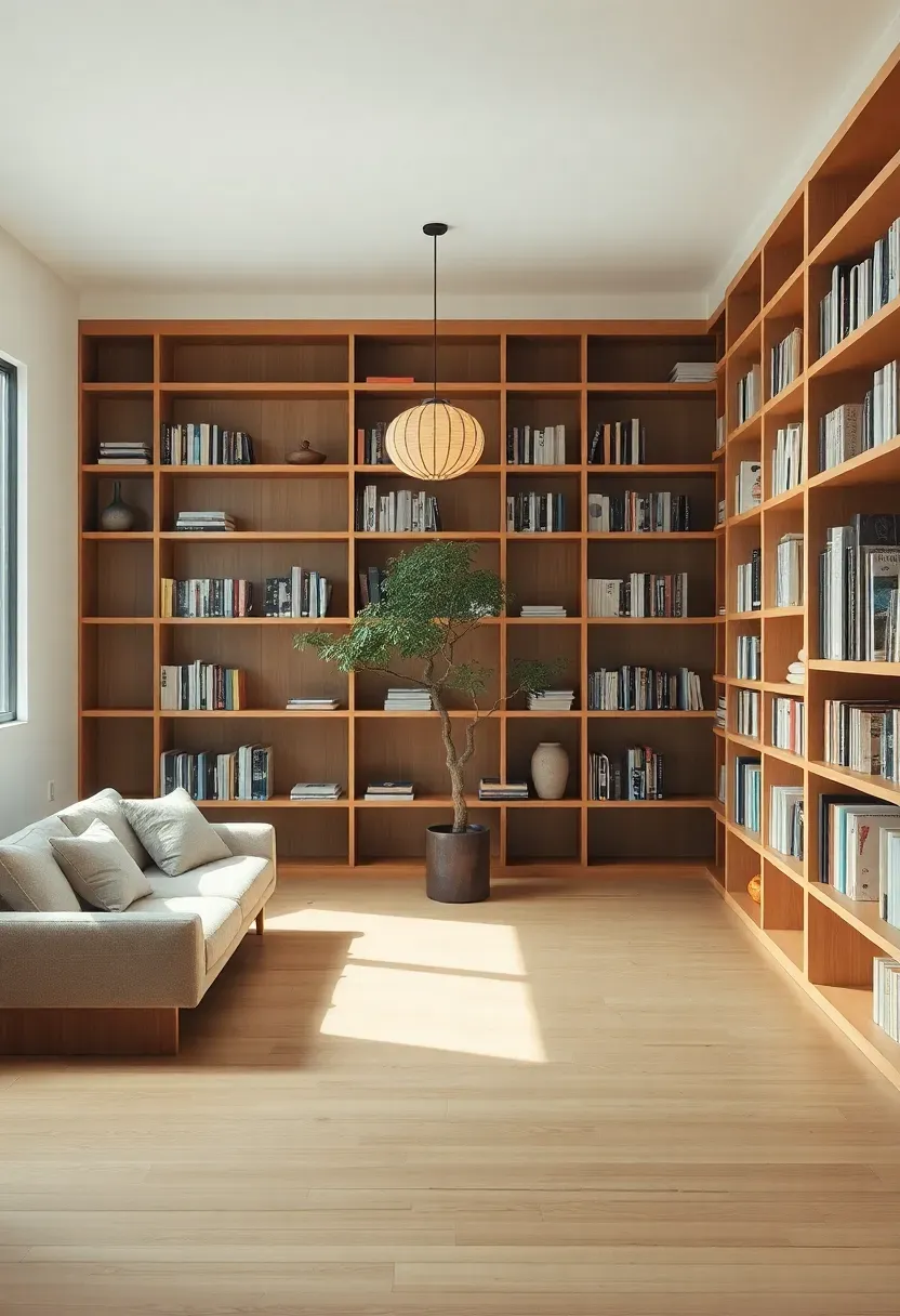 Hyper-realistic 3/4 view of a Japandi-inspired library with low horizontal oak shelving units that don't reach the ceiling. Books arranged with ample white space between them, some displayed cover-forward. A low-profile sofa with loose linen cushions, a paper lantern pendant light, a singular potted tree in the corner. Light oak flooring, white walls. Materials: white oak, linen, paper, ceramic vessels. Soft diffused natural light through large window, serene minimalist mood like a Kyoto retreat meets Danish design. Sharp details, negative space emphasized, no clutter.</p>