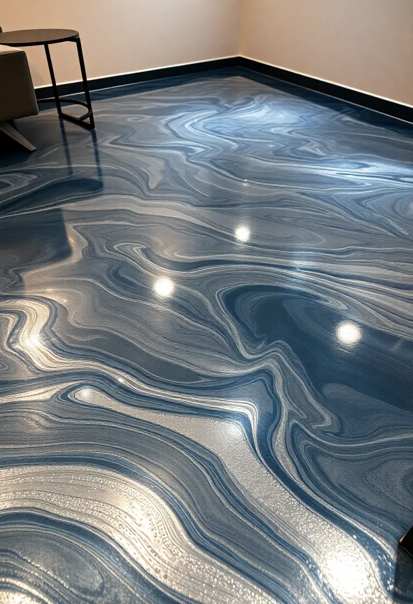 Metallic epoxy basement floor with swirling silver and blue tones creating a flowing liquid metal appearance