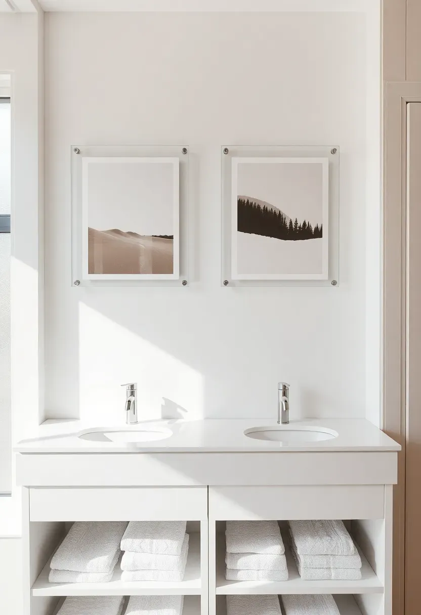 Pair of acrylic float frames holding abstract photographs hung side by side above a double vanity with twin chrome faucets and white quartz top