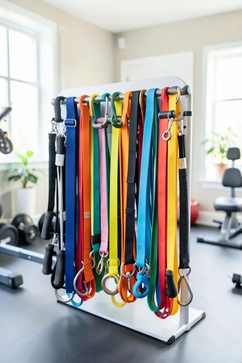Color-coded resistance bands set with handles and door anchor stored neatly in a small rental workout room — portable home gym essential