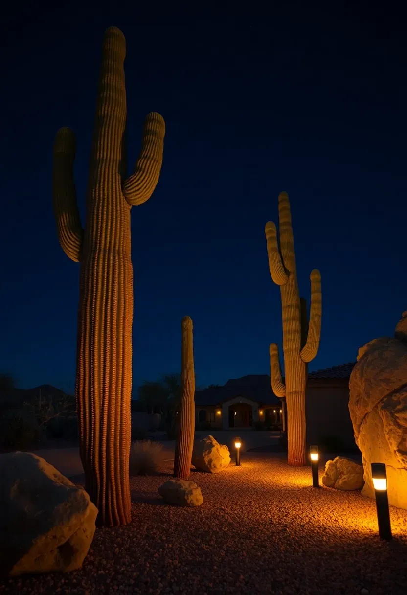 Arizona desert landscape at night with uplighting on saguaro cacti, path lighting through decomposed granite, and warm glow on boulders
