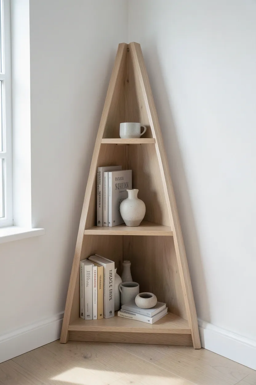 Light wood corner shelving unit reaching toward the ceiling in a tiny Scandinavian apartment living room corner