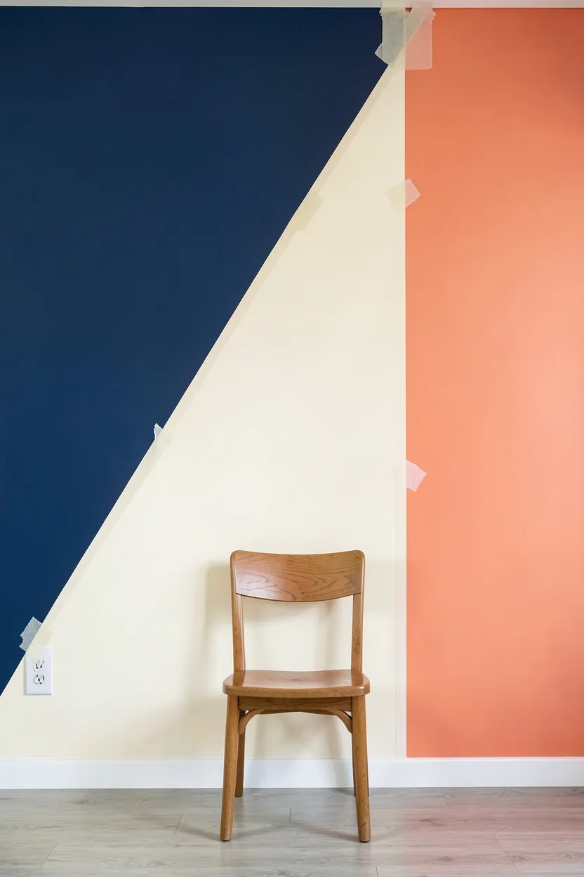 Bold color block painted wall in a teen room with geometric sections in two contrasting colors