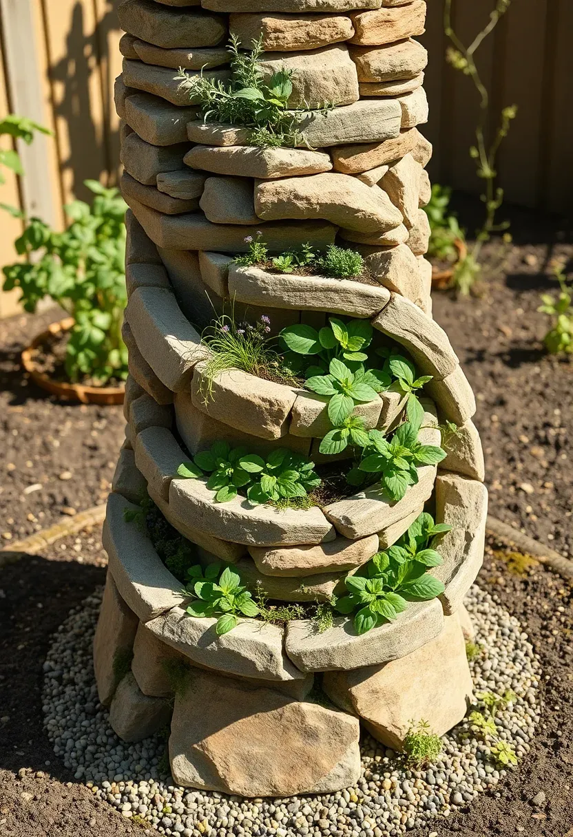 Stone spiral herb and vegetable tower garden with different herbs planted at each level winding upward in a sunny backyard