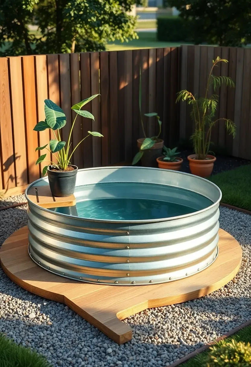 Galvanized stock tank pool with a small wooden deck surround and potted tropical plants in a cozy backyard oasis