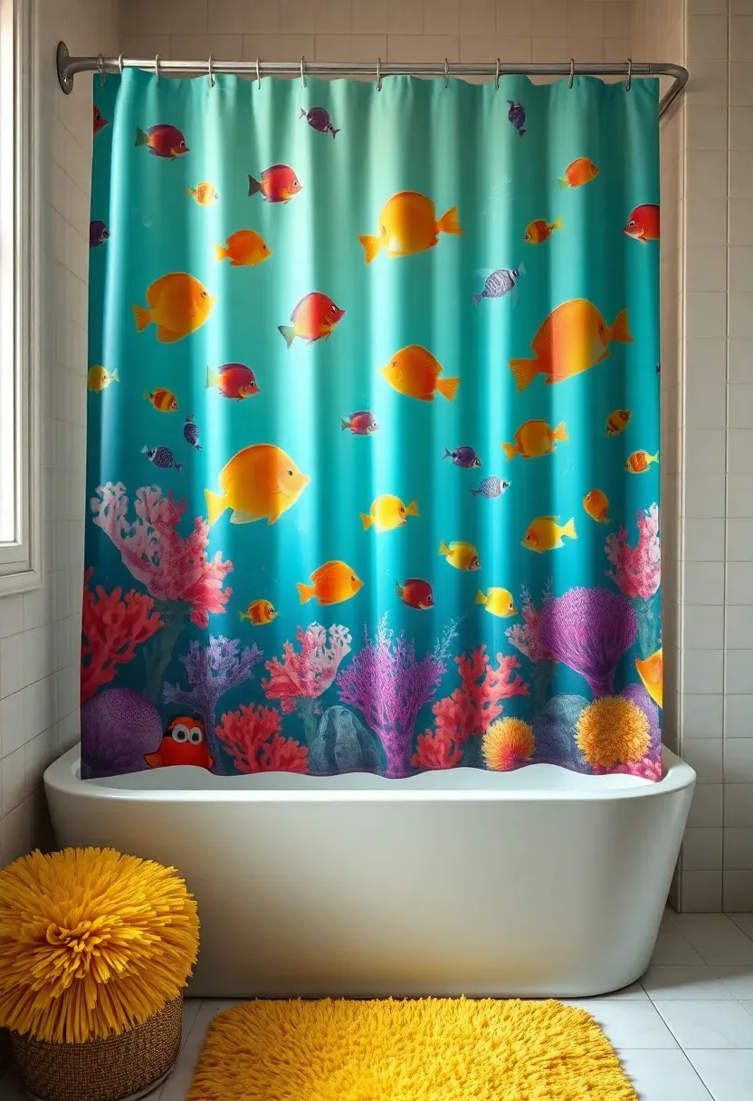Toca Boca style hotel bathroom shower curtain with colorful underwater scene and bold character illustrations