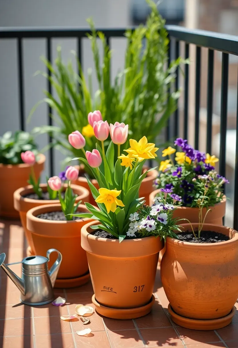 Seasonal container garden with spring flowers in coordinated ceramic pots on a sunny apartment patio