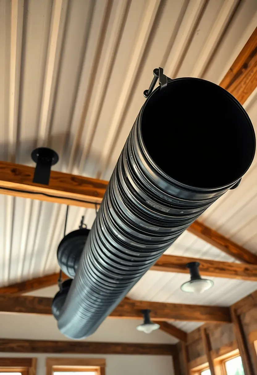 exposed spiral ductwork painted matte black running across a barndominium kitchen ceiling