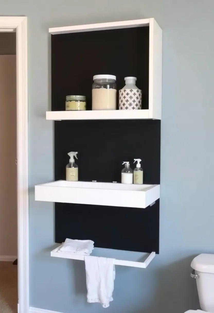 Wall-mounted fold-down changing table in closed position resembling a small chalkboard, saving floor space in a rental master bedroom