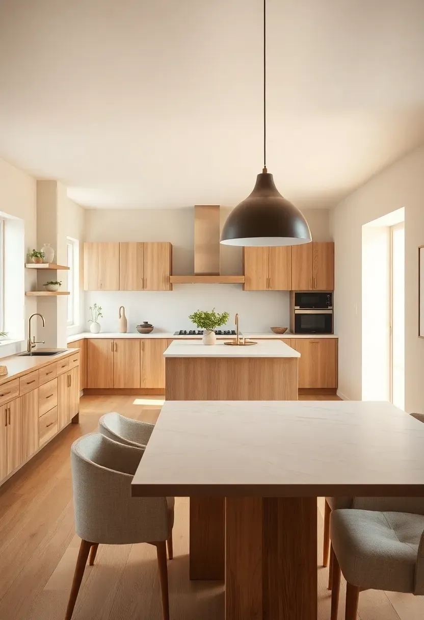 Zoned open kitchen and dining room with warm neutrals
