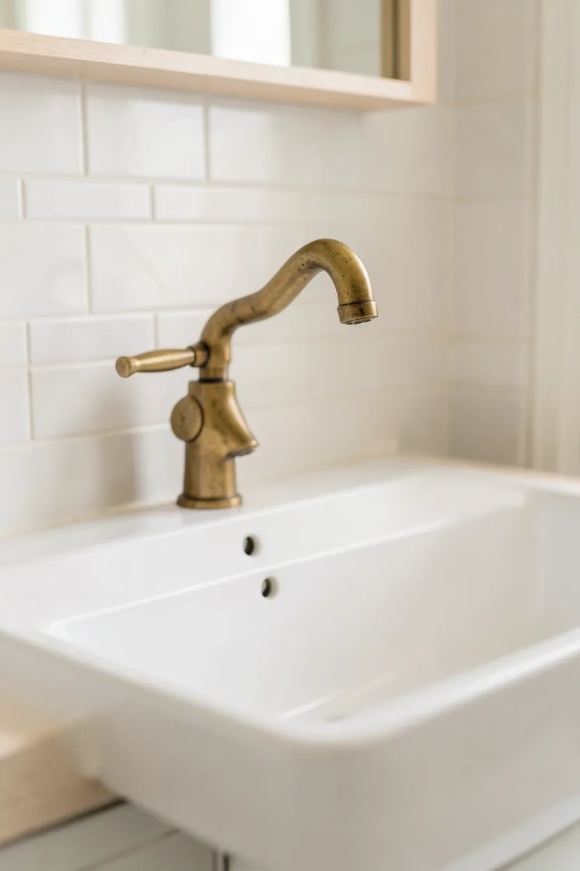 Unlacquered brass faucet and towel rail with developing patina in a minimalist japandi bathroom — warm metallic accent