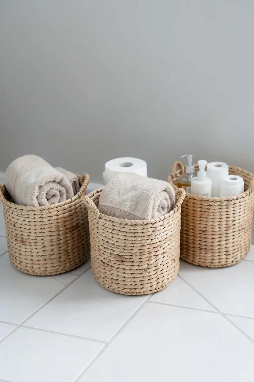 Soft navy painted bathroom vanity with brushed brass hardware against a white wall in a modern rental bathroom