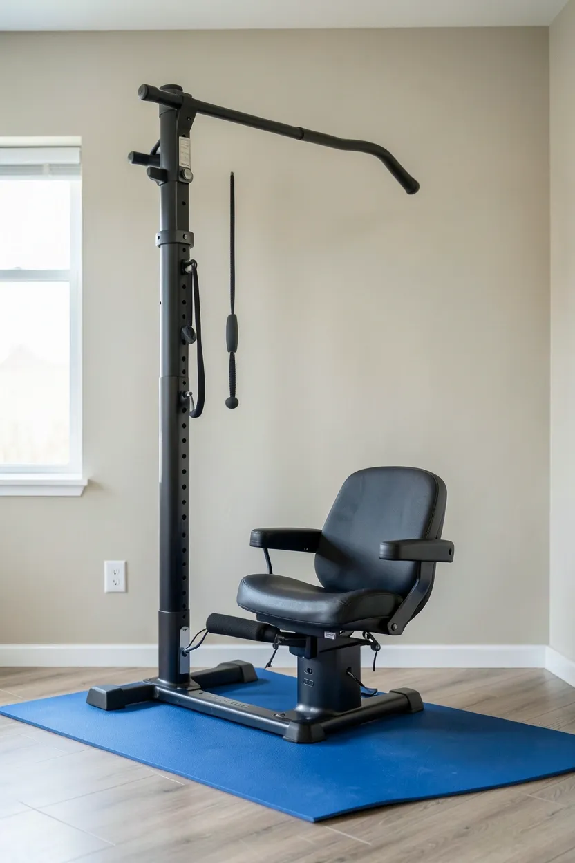 Freestanding multi-functional power tower with pull-up bar and dip station in the corner of a small apartment — comprehensive bodyweight training station