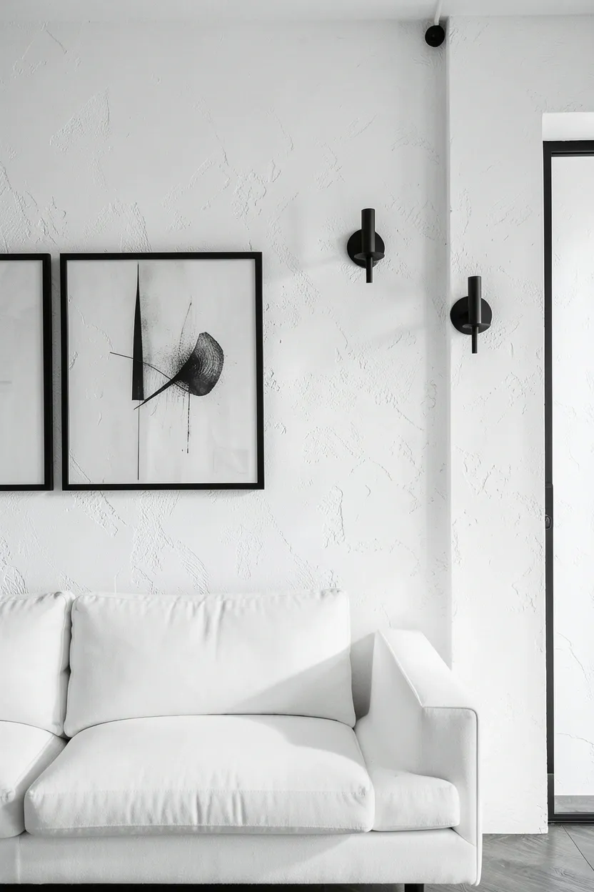 Limewash textured white accent wall with matte black hardware and framed artwork creating depth in a minimalist black and white living room
