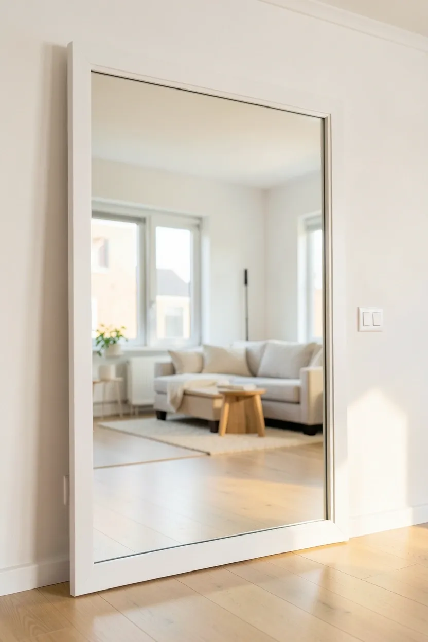 Large round mirror with light wood frame positioned opposite a window in a small Scandinavian apartment living room