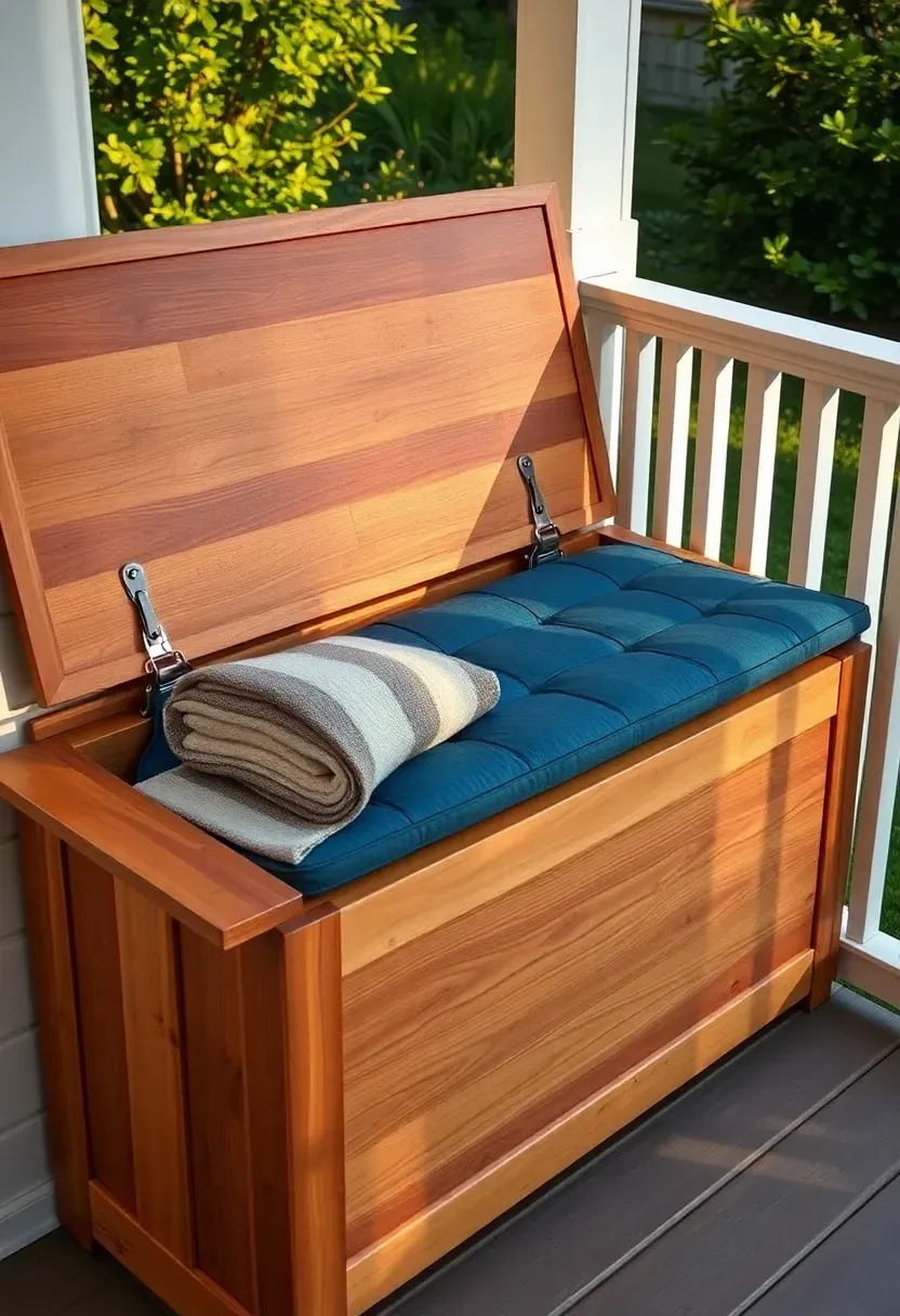 Built-in wooden bench with storage running along a porch railing, cushioned with outdoor fabric seat pads