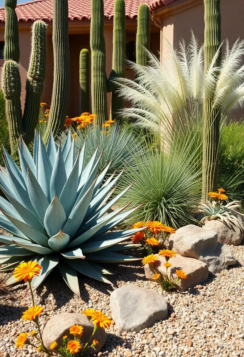 Hyper-realistic 3/4 view of a desert xeriscape front yard with agave, saguaro cactus, Mexican feather grass, and flowering desert marigolds against crushed granite ground cover. Materials: architectural succulents, decomposed granite, decorative boulders. Bright high-contrast desert sunlight, silver-blue and chartreuse foliage with orange desert blooms. Dramatic vertical accents from tall cacti. Visible adobe-style home with terra cotta roof. No text, no logos, no watermarks.</p>