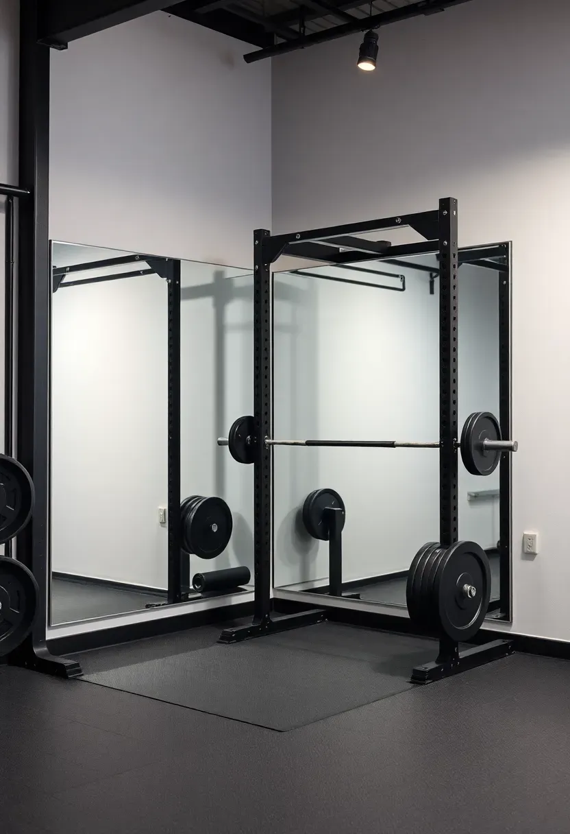 Corner home gym setup with compact deadlift rack and large mirror wall in a small apartment room with rubber floor tiles