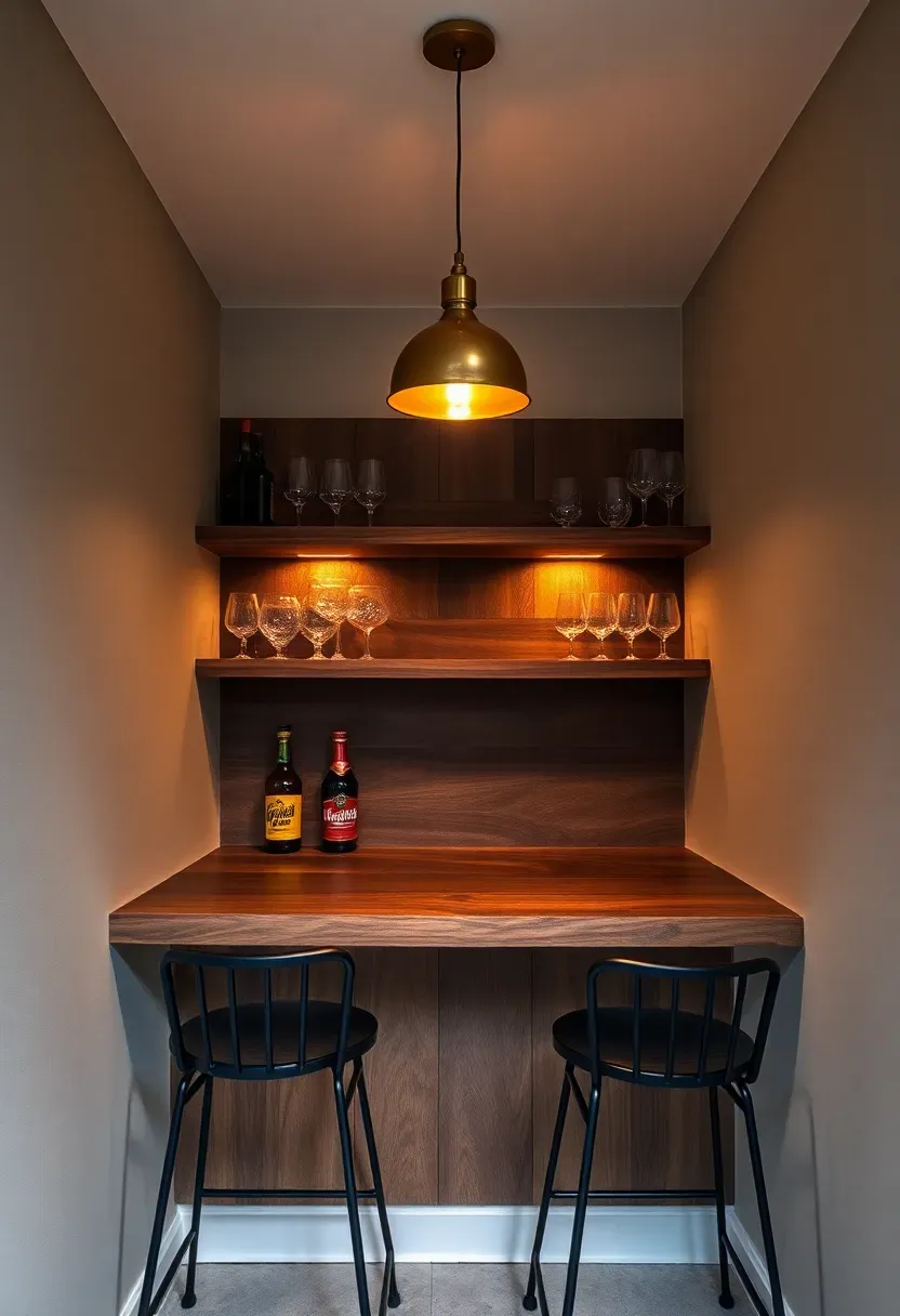 small basement bar nook with open shelves pendant light and two counter stools