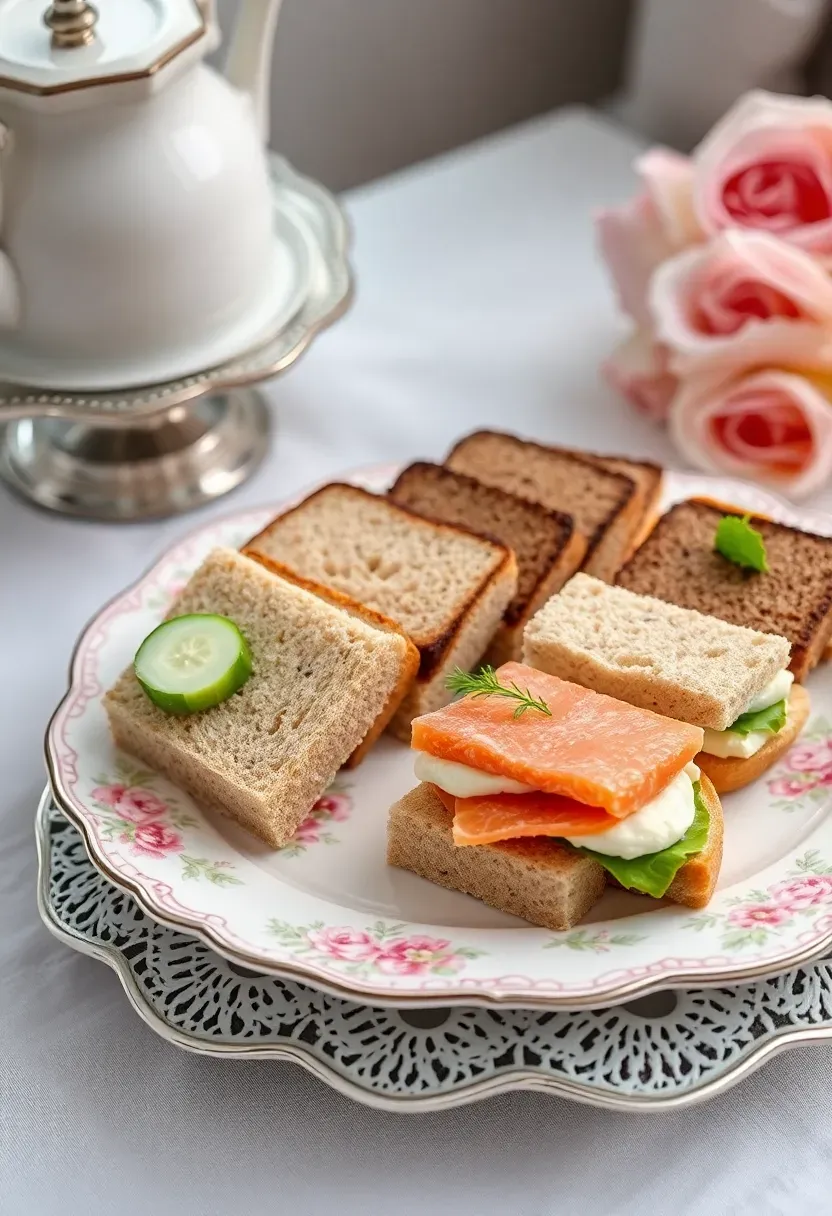 tea sandwich platter with crustless cucumber, smoked salmon, and egg salad finger sandwiches on a floral china plate at an afternoon baby shower