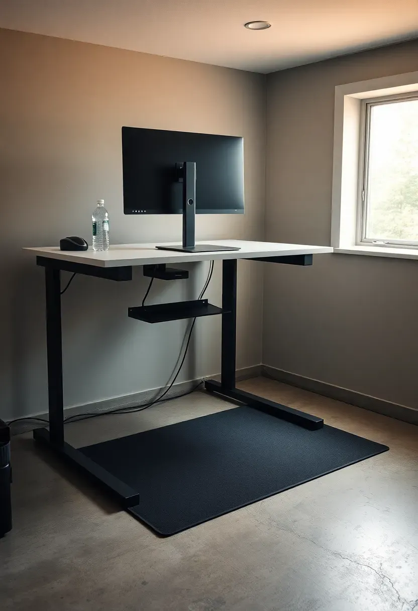 Basement standing desk setup with anti-fatigue mat, monitor arm, cable tray, and a window casting soft light