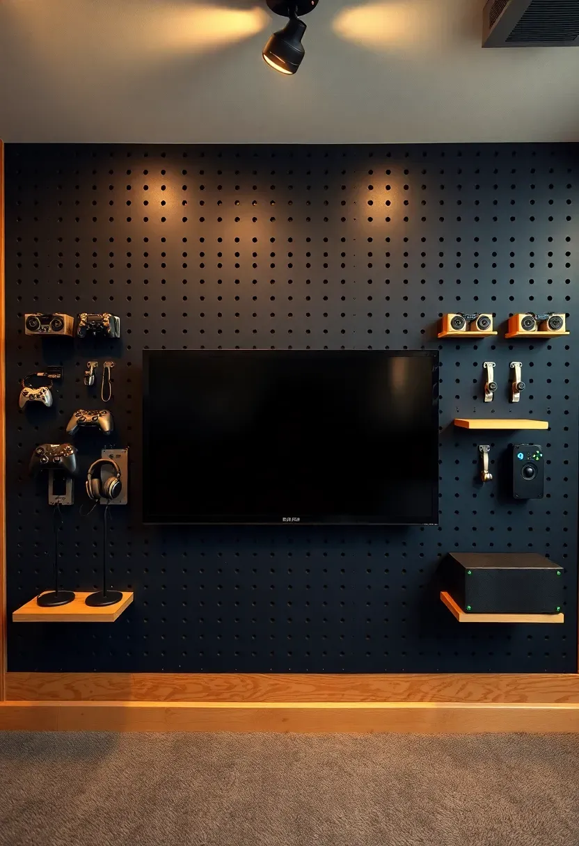 Plywood pegboard wall in a basement media area with hooks and shelves holding game controllers, headphones, and small speakers around a TV